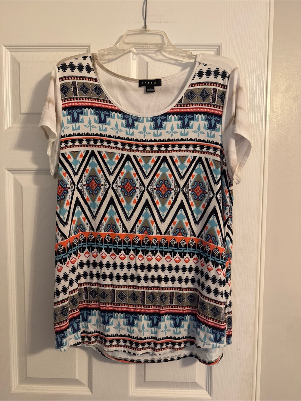 Tribal White Multi-Color Geometric Short Sleeve Tee